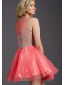 Tutu Sheer Neckline Coral Beaded Tulle Knee Length Prom Dress